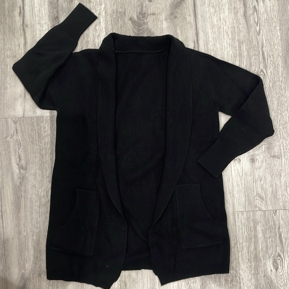 Long black wool open front cardigan with pockets